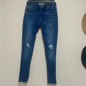 KanCan Dark Blue Distressed Skinny Jeans with pearls
